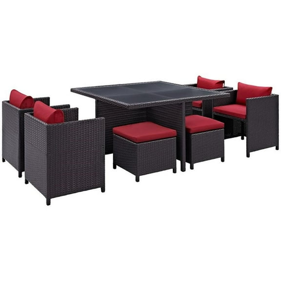 Pemberly Row Contemporary 9 Piece Patio Dining Set in Espresso and Red