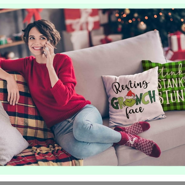 Holiday Grinch Plaid Pillow Covers Set Merry Grinchmas Resting Face Winter Decorations Xmas Stink Throw Pillows for Couch 18x18 Set of 4