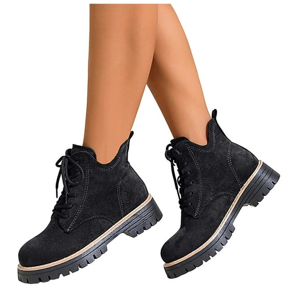 Rokment Womens Solid Platform Combat Boots Fall Winter Fashion Casual Suede Lace up Chunky Heel Non Slip Riding Short Ankle Booties Black Size 6