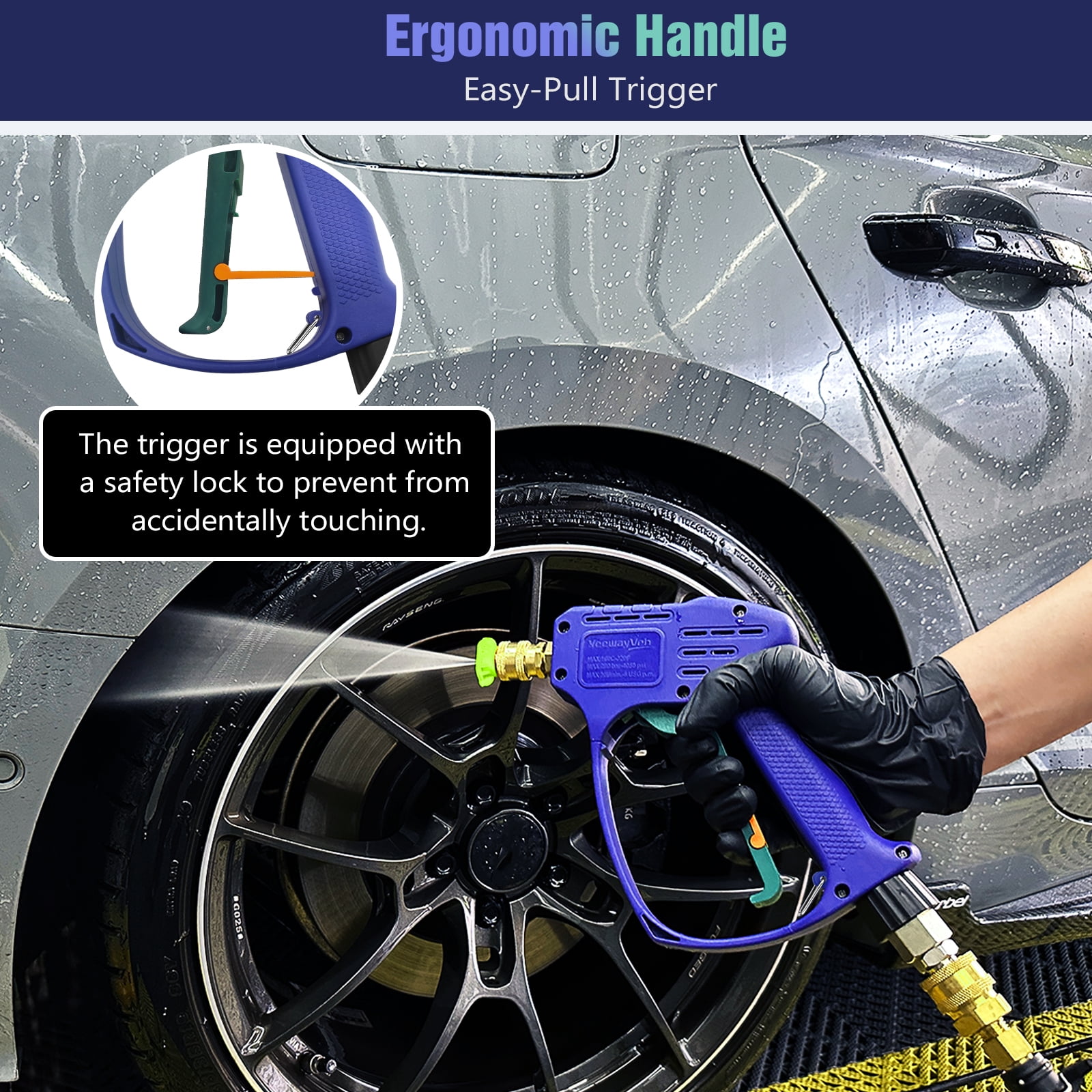 YeewayVeh Swivel Pressure Washer Gun, Short Washer Gun with 3/8" Quick Connect and M22 14 /15mm Fitting, Pressure Washer Gun for Foam Cannon with 2 Nozzles