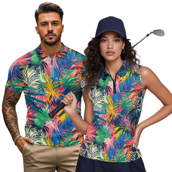 Aplkyhs Matching Couple Sport Shirts Colorful Palm Leaf Fit Plain Matching Golf Shirts for Couple Quarter Zip Mens Hawaiian Shirt for Casual Wear Breathable Fabric 4-Way Stretch