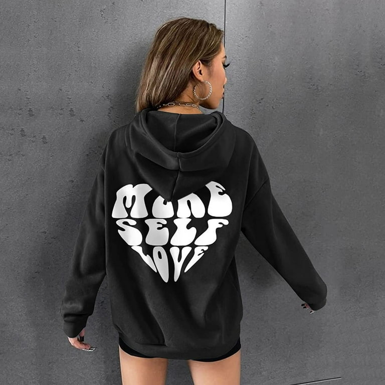 Womens Loose Sweatshirts Drawstring Hoodies Back Graphic Shirts Casual Pullover Long Sleeve Tops With Pocket With Drop Shoulder Sleeves Blusas de