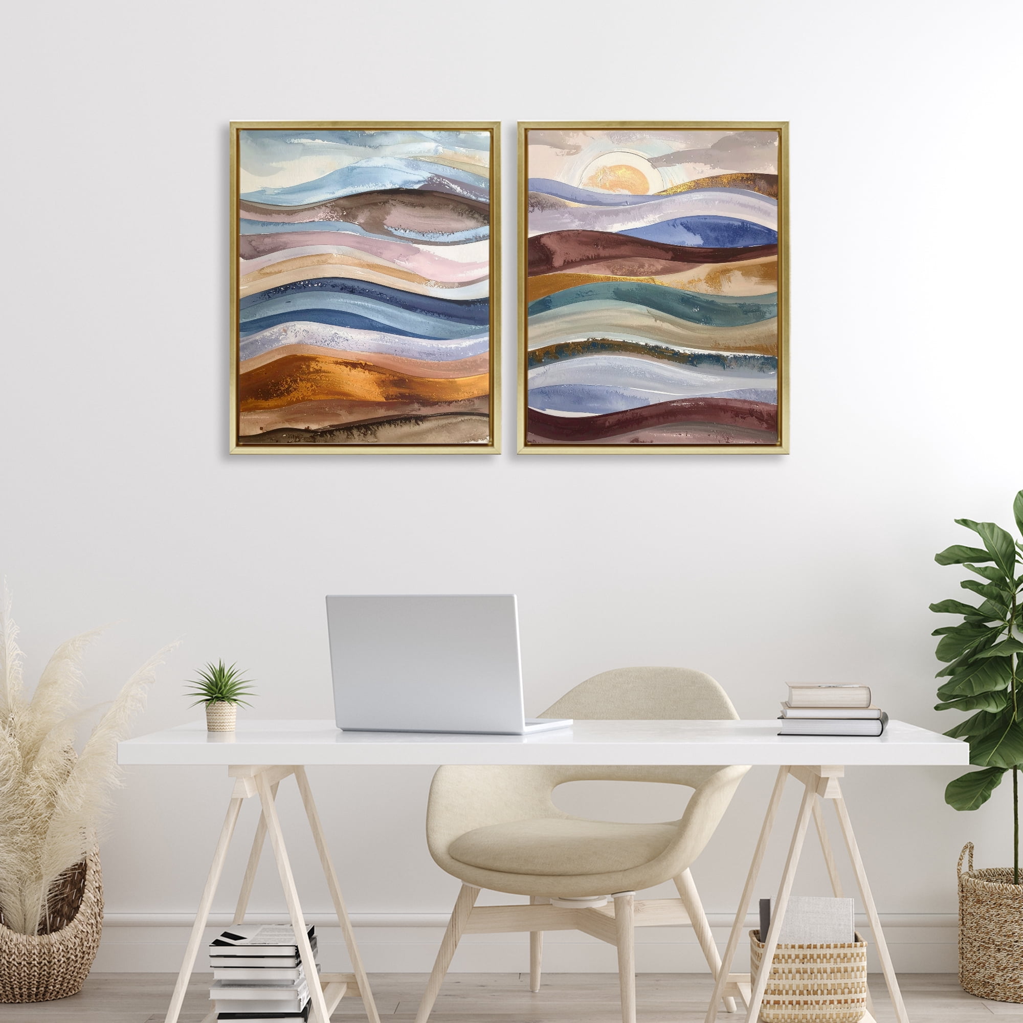 Stupell Industries Earthy Ocean Flow 2 Piece Gold Framed Floater Canvas Set, design by Alonza Saunders