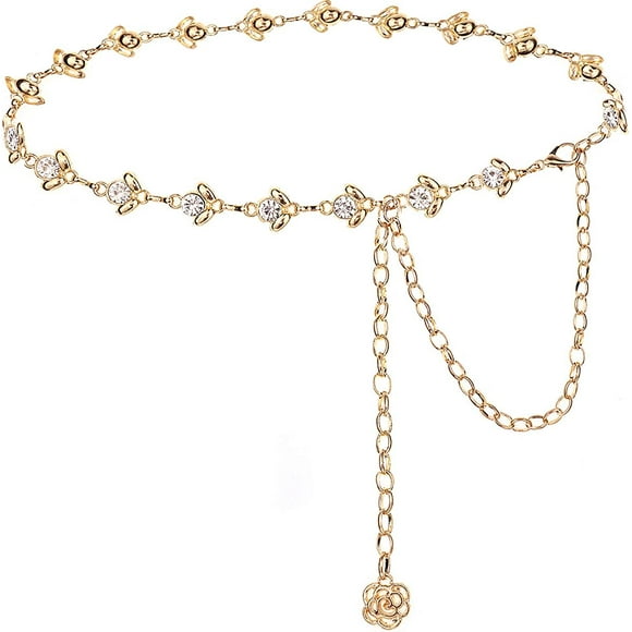 Channel belts for women size chain in rhinestones for dress(gold)