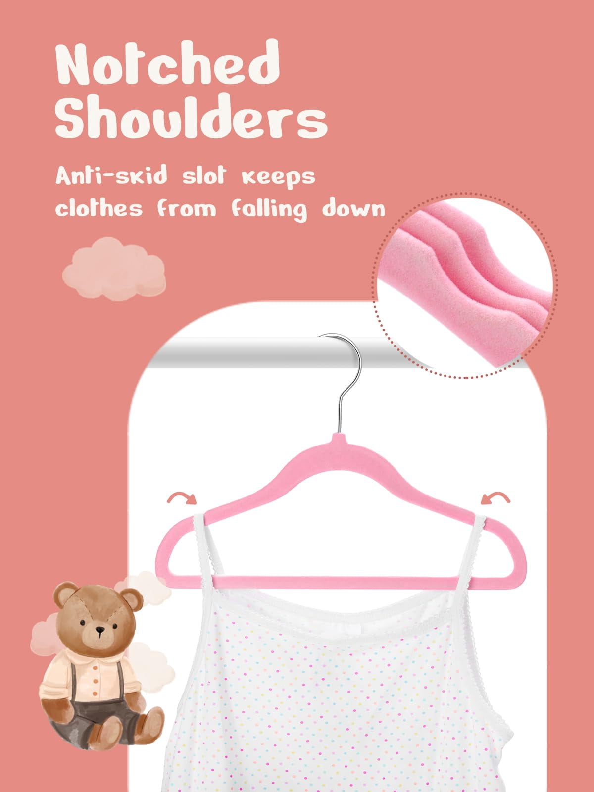 Cozymood 50 Pack Velvet Kids Hangers 11 inch Baby Felt Hangers Space-Saving Thin Design Baby to Toddler Clothes Organizer, Pink