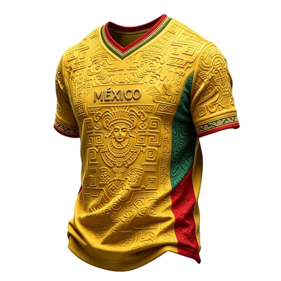 2026 Soccer Mexico Jersey for Men V-Neck Retro Inspired Graphic Soccer Shirt Cultural Pattern Design Stadium Casual Summer Wear Yellow M