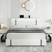 Homfa King Size LED Bed Frame with 2 Storage Drawers & USB Ports, Modern Leather Upholstered Platform Bed Frame with Adjustable Headboard, No Box Spring Needed, White