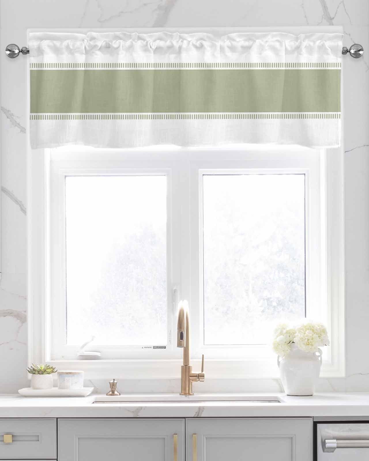 Faux Linen Valances for Windows Sage Green Stripe Curtains Valance Light Filtering Rod Pocket Small Window Treatment for Kitchen Living Room Bedroom 42x18In