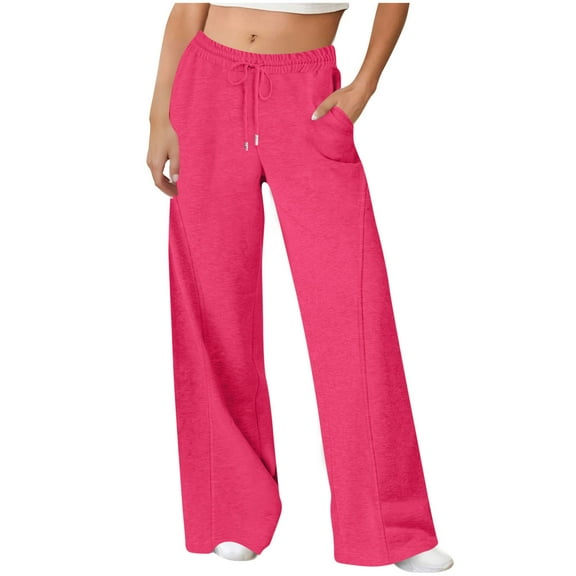 Pxkloy Women's Drawstring Sweatpants Wide Leg Casual Loose Pants High Waist Elastic Waist Sweatpants Quilted Plain Pockets Pants Hot Pink,XL