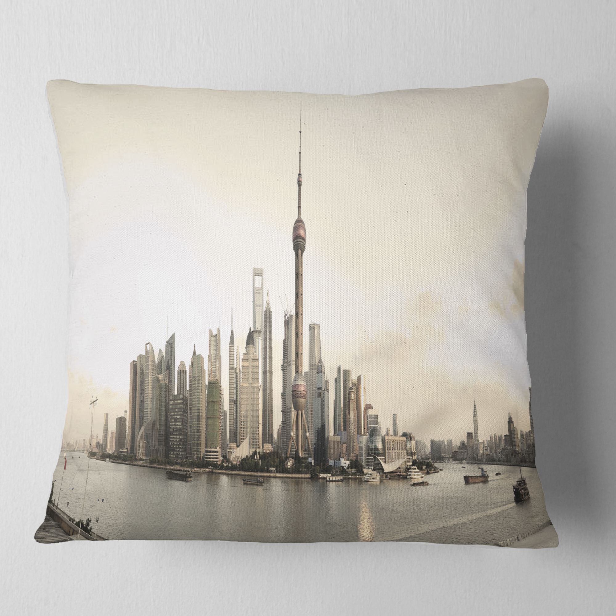 Designart Shanghai s Modern Architecture - Cityscape Photo Throw Pillow - 18x18
