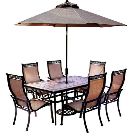Hanover Monaco 9-Piece Rust-Free Aluminum Outdoor Patio Dining Set with 6 PVC Sling Dining Chairs and Porcelain Tile Rectangular Dining Table with Umbrella MONDN7PC-SU