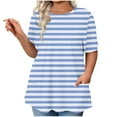 thumbnail image 6 of Hfnxid Plus Size Top for Womens Striped Crew Neck Short Sleeve Shirt Solid Color Loose Fit Tops Summer Casual Vacatin Tee ShirtsLight BlueXXXL, 6 of 6