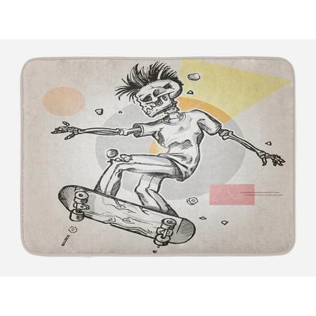 Cream Tub Chairs Skull Bath Mat, Punk Rocker Skeleton Boy on a Skateboard Skiing with Abstract Background, Non-Slip Plush Mat Bathroom Kitchen Laundry Room Decor, 29.5 X 17.5 Inches, Pale Grey and Cream, Ambesonne ()