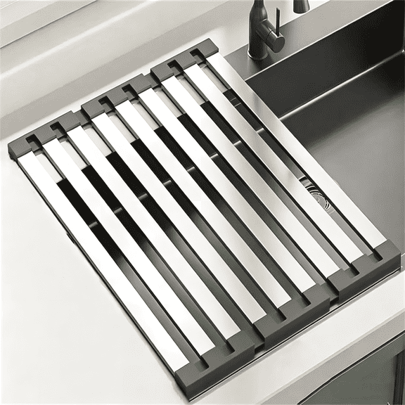 Roll Up Dish Drying Rack Over Sink, Aluminum Foldable Drainer 17.7 x 12.8 in, Non-Slip, Heat Resistant, Space Saving Kitchen Rack