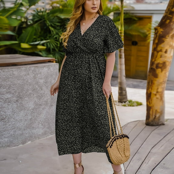 Mqqzkk Women's Plus Size Dresses Casual V Neck Boho Floral Dresses Short Sleeve Flowy A line Summer Beach Fashion Long Dress XXXXL