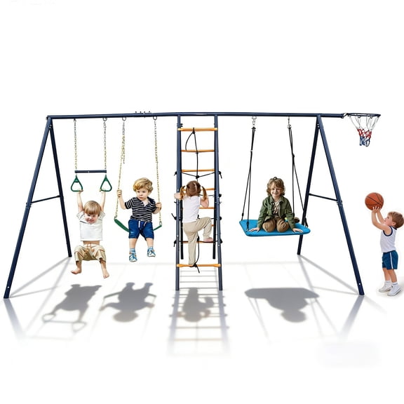 Metal Swing Sets for Backyard, 6-in-1 Kids Playground Set with Saucer Swing, Hammock Swing, Climbing Net & Ladder, Heavy Duty A-Frame Swingset Outdoor for Kids 3-8, Backyard Playground Set (Blue)