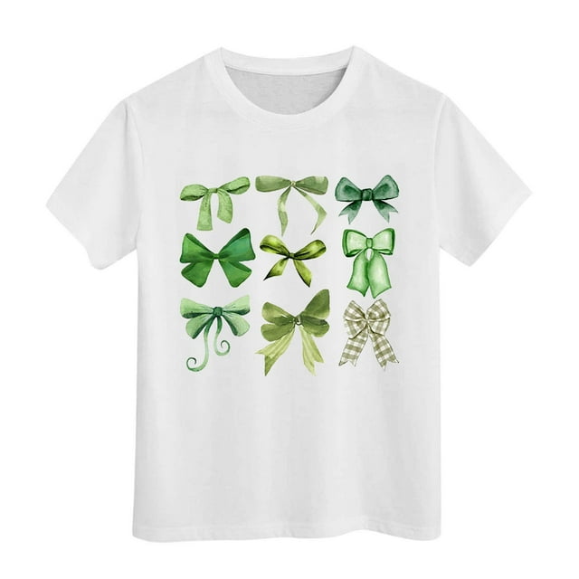 T-shirts Filles Été Col Rond Manches Courtes Nœud Imprimé Coupe Décontractée Basiques Hauts Filles Blanc 10-11 Ans