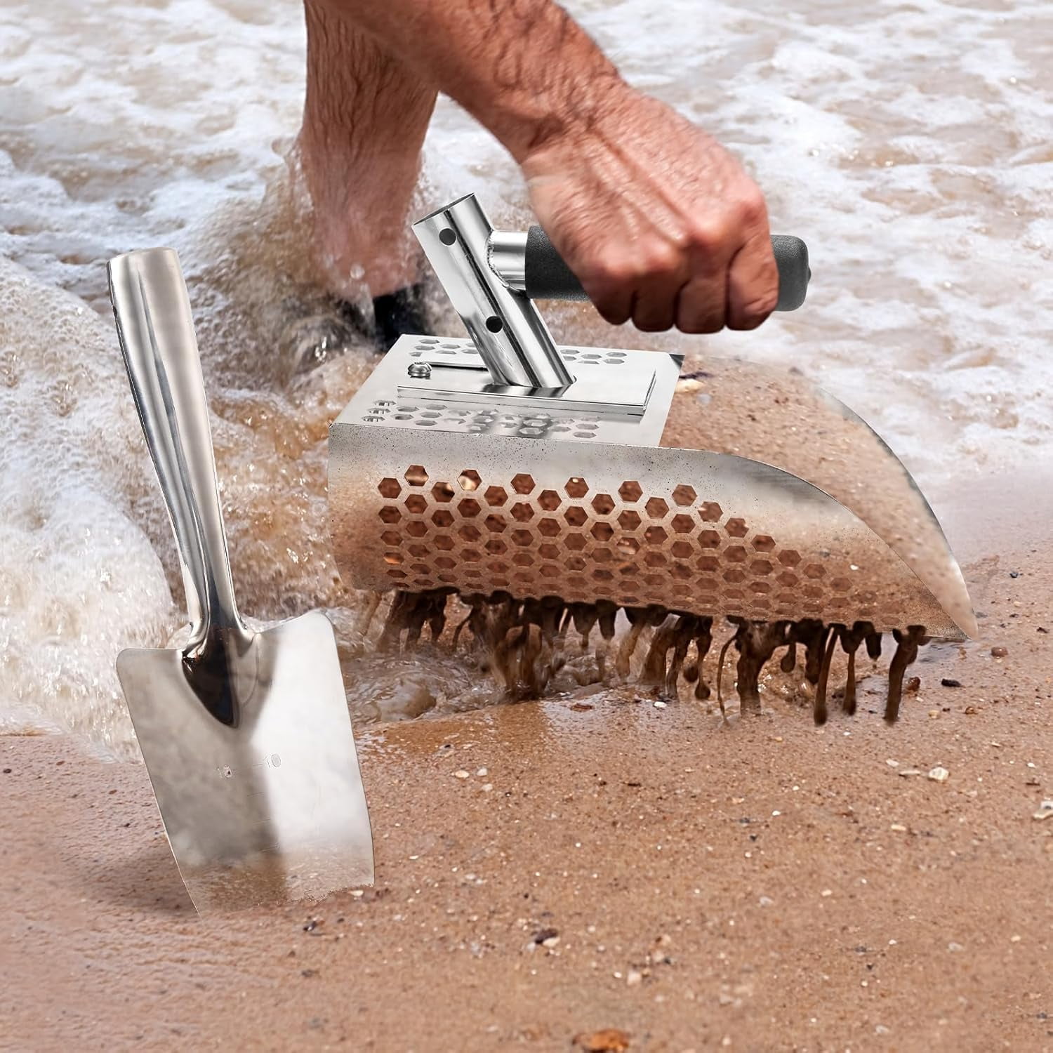 Sand Scoop for Metal Detecting, Metal Detector Scoop, Stainless Steel Sand Sifter Shovel, Fast Sifter Shovel for Underwater Treasure Hunting (Stainless Steel)