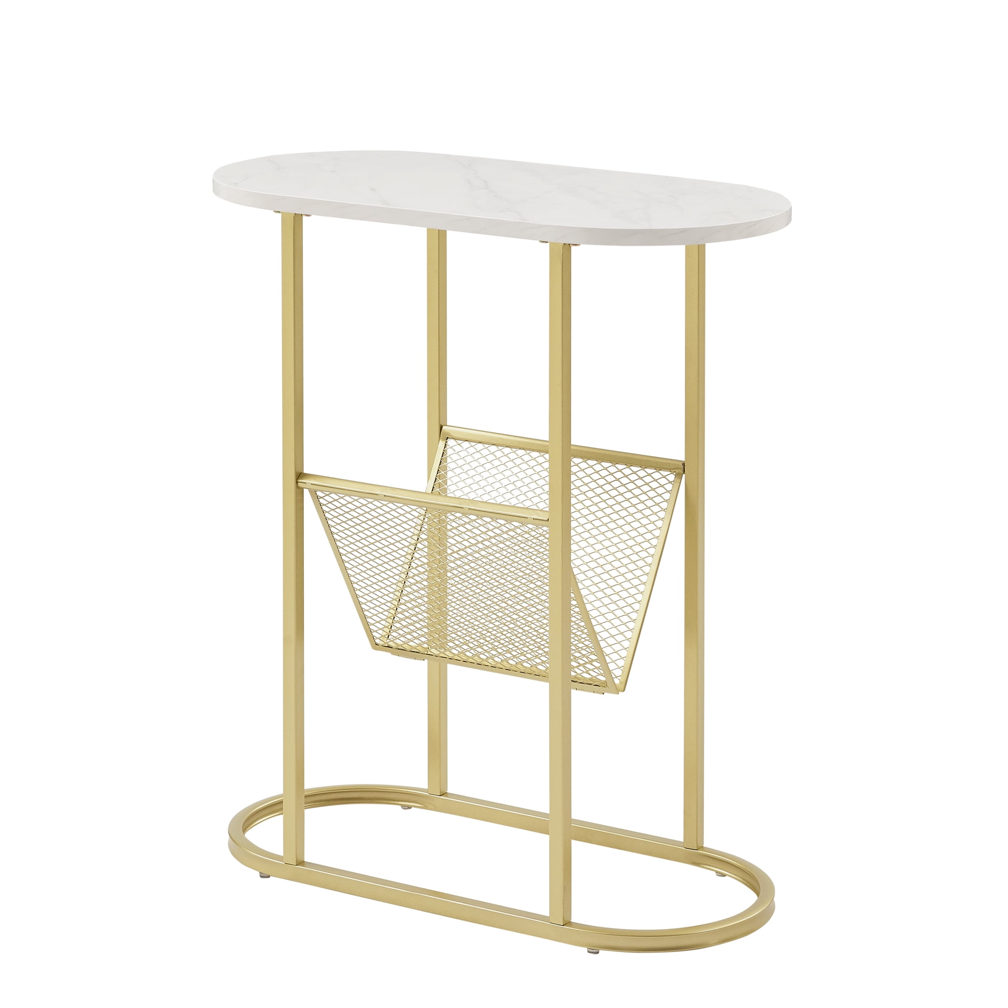 Manor Park Modern Magazine Rack Oval End Table, Faux White Marble/Gold