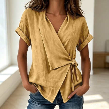 Shirts for Women Turn Down Collar Short Sleeve Solid Lace Up Irregular Womens Blouse Yellow L