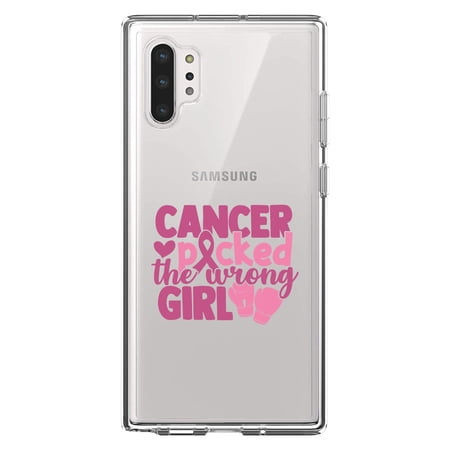 DistinctInk Clear Shockproof Hybrid Case for Galaxy Note 10 PLUS (6.8 Screen) - TPU Bumper Acrylic Back Tempered Glass Screen Protector - Pink Ribbon Cancer Picked the Wrong Girl