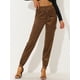 thumbnail image 2 of Pantalones cargo de satén sedoso de tiro alto elástico con cordón para mujer Café L, 2 of 6