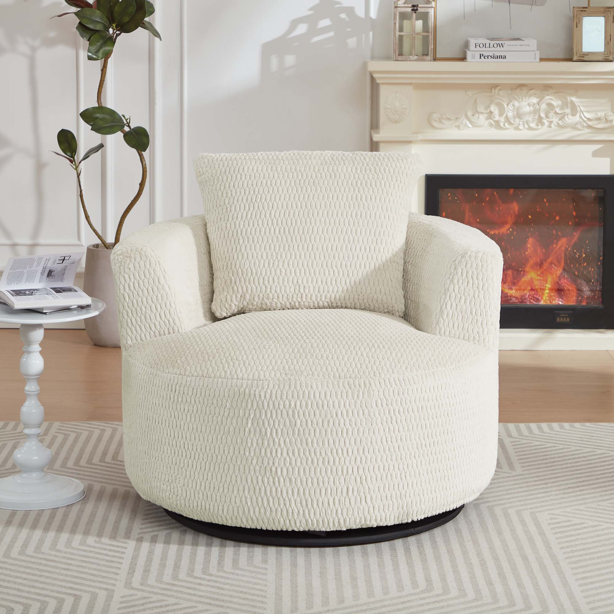 Miniyam Plush Comfort Swivel Chair: 360° Rotating, Sturdy Wood Base, Hassle-Free Assembly, Neutral Design, Cream