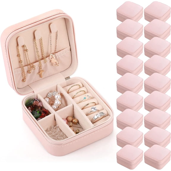 Small Travel Jewelry PU Leather Boxes Bulk Bridesmaid Proposal Gift Boxes Portable Jewelry Case Organizer for Women(Pink,18 Pcs)