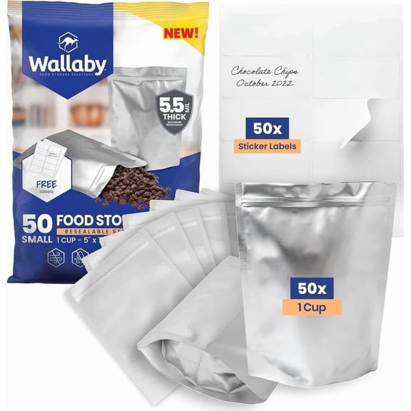 50 Count 1-Cup Gusset Mylar Bags with Labels, 11 Mil Total Thickness Long-Term Food Storage Pouches, 7x5 Stand-Up Zipper Heat-Sealable Airtight Packaging - Silver