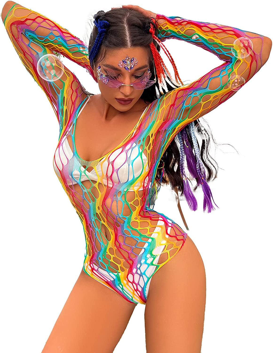 Women Rave Rainbow Striped Push Up Swimsuit Bikini See Through Mesh Bodysuit  Beachwear for Dance Festivals 