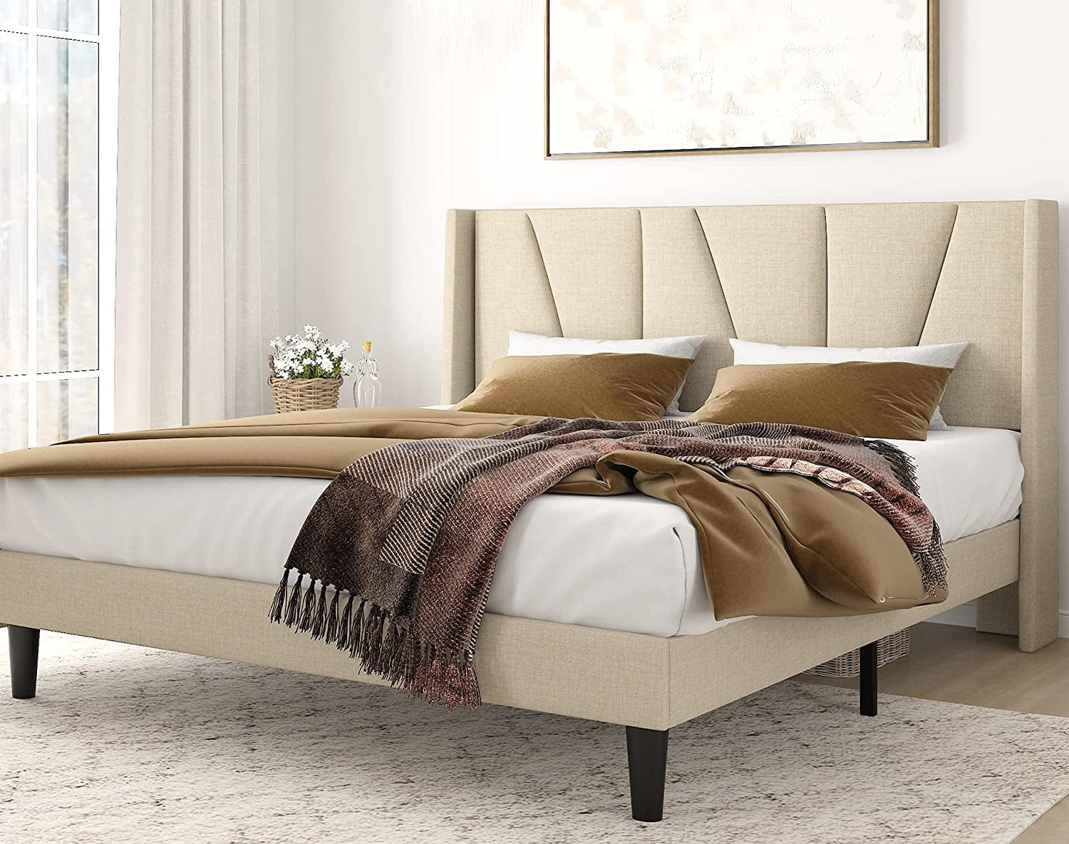 Amolife King Size Upholstered Platform, Bed Frame With Headboard King Size