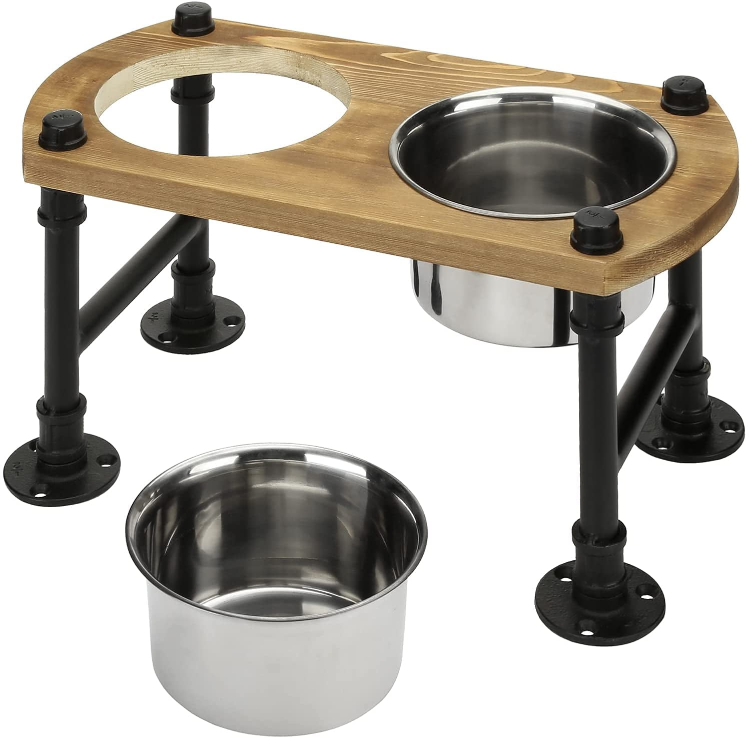 2 Removable Stainless Steel Bowls Industrial Burnt Wood and Black Metal Pipe Raised Pet Feeder