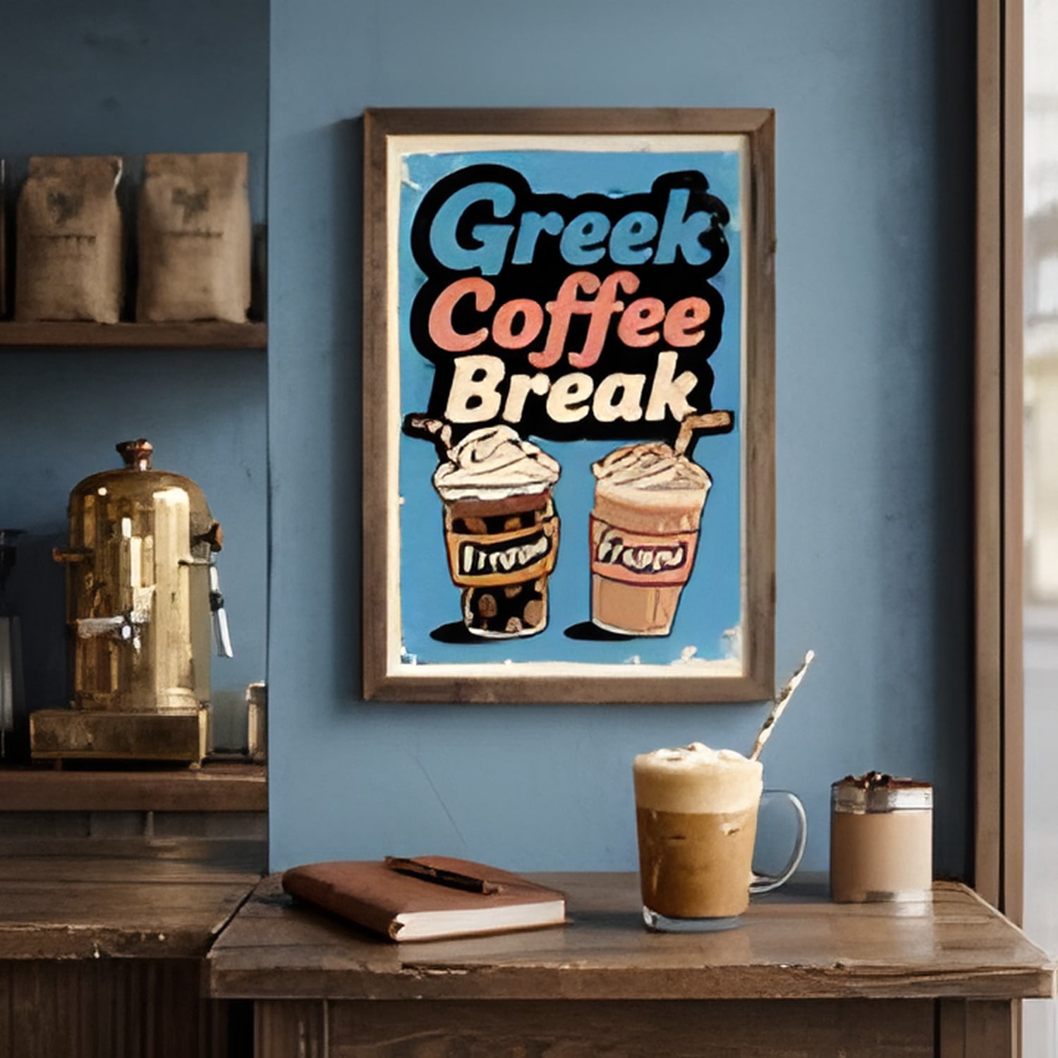 Vintage Greek Coffee Cafe Wall Decor Sign, 8x" Inch Rustic Iron Metal Plaque, 2D Flat Unframed, 2D Flat Unframed, Rustproof UV Resistant Weather