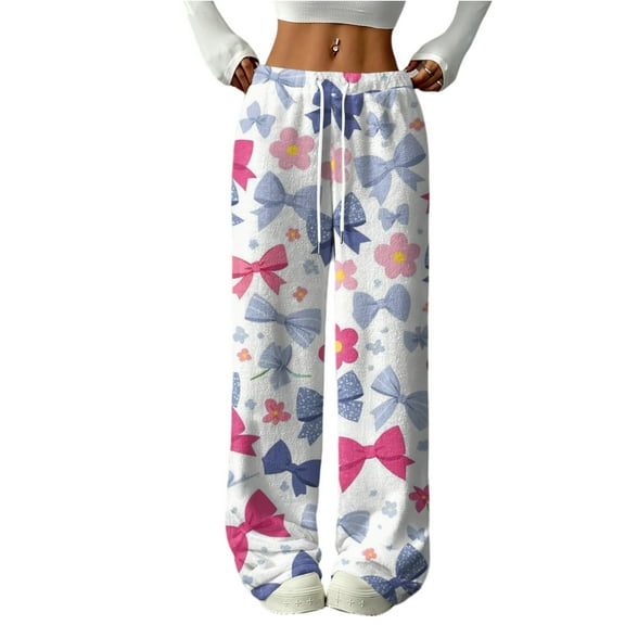 Hearthz Fleece Lounge Pants Women Bow Soft Fuzzy Elastic Waist Wide Leg Lounge Pants with Pockets Fall Winter Warm Pj Bottoms for Women