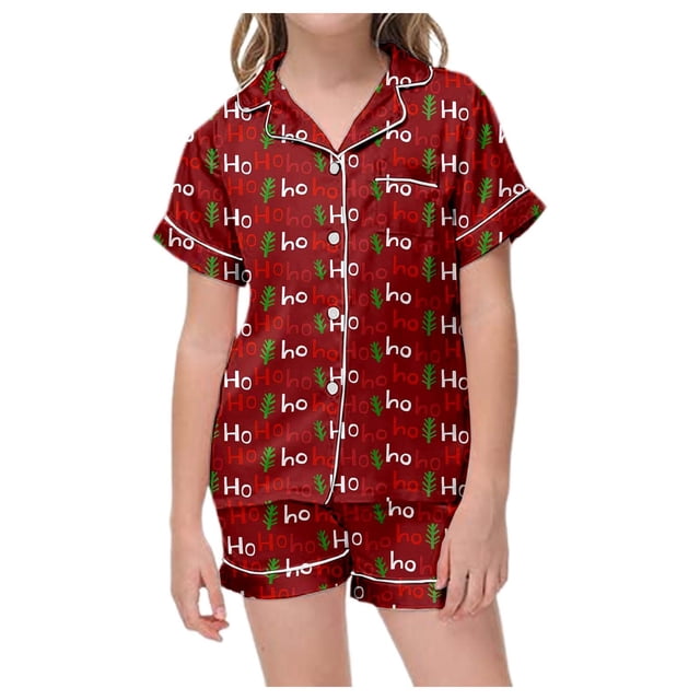 GDREDA Pyjamas pour Filles Ensemble de Pyjama de Noël à Imprimé Classique Col Boutonné Manches Courtes & Shorts (Rose Clair, 6-7 Ans)