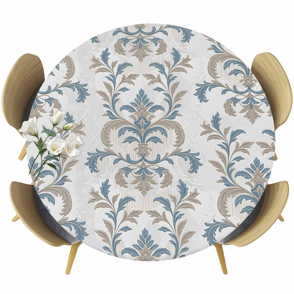 Blue Tan Flower Round Tablecloth, Fitted Table Cover with Elastic for 55"-60" Round Tables, Abstract Vintage Ethnic Tribal Boho Table Cloth Outdoor Indoor Dinning Party Waterproof Tablecloths
