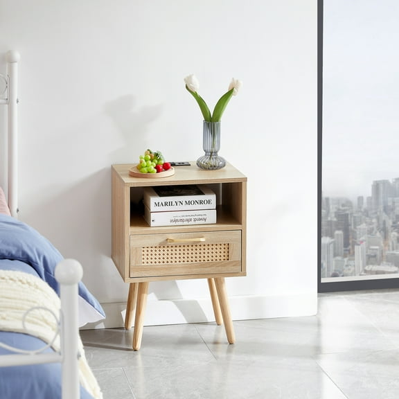 Triple Tree Modern Nightstand with Storage Cabinet, Beige