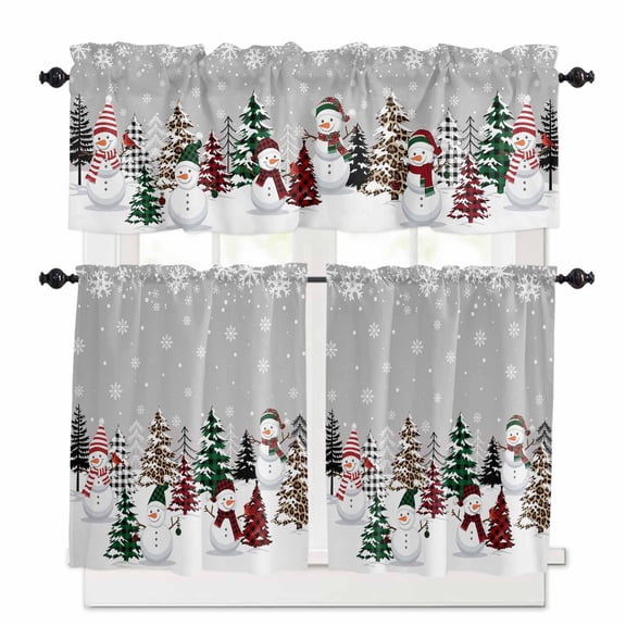 Christmas Kitchen Curtains and Valances Set, Snowman Checked Xmas Tree Snowflake Winter Grey Rod Pocket Window Valance Window Curtain Panels for Living Room Bedroom Laundry, 27.5x24in, 3 Pieces
