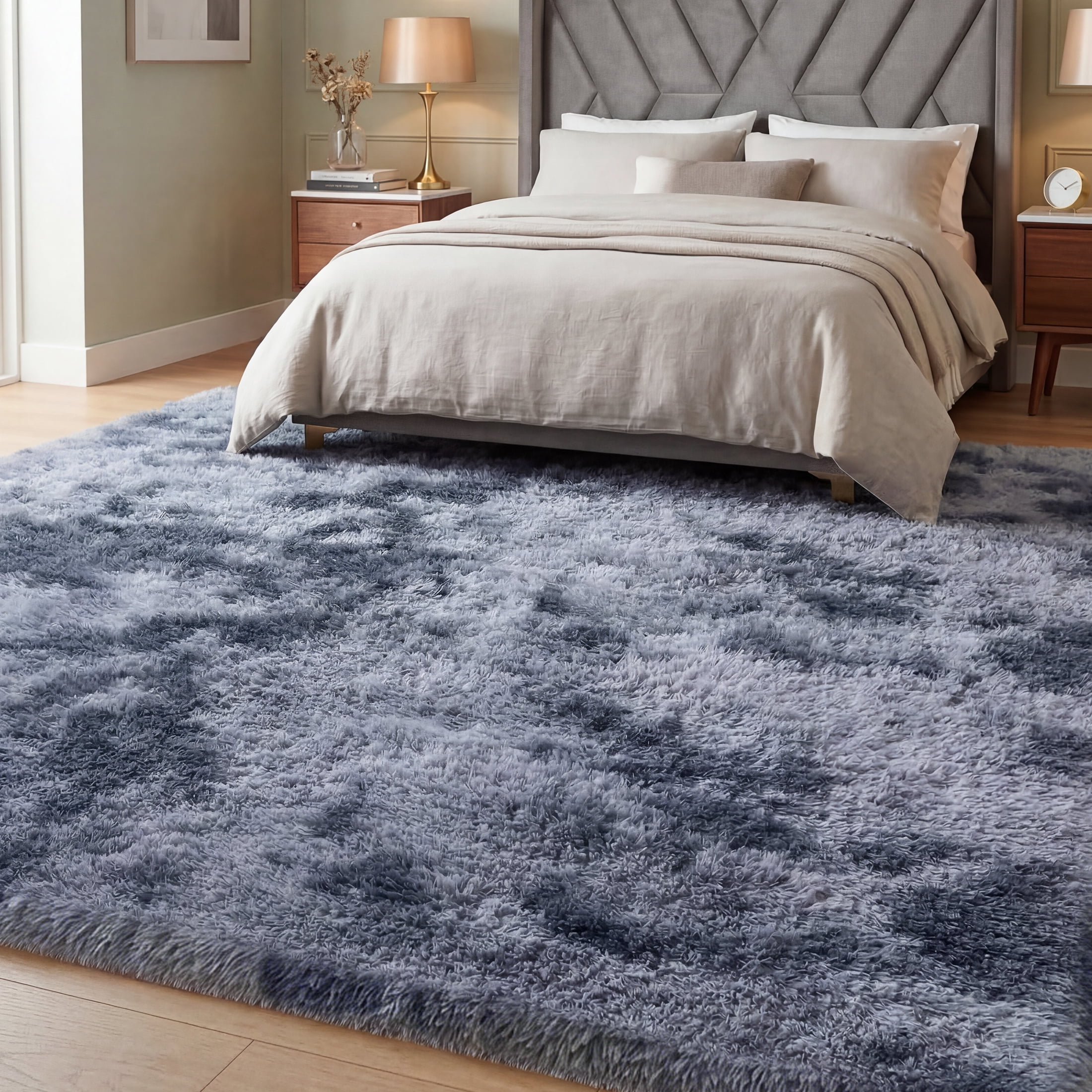 Nefoso Shag Area Rug, 8ft x 10ft Soft Fluffy Tie-Dye Area Rugs for Living Room Bedroom Decor Carpet, Blue & Grey