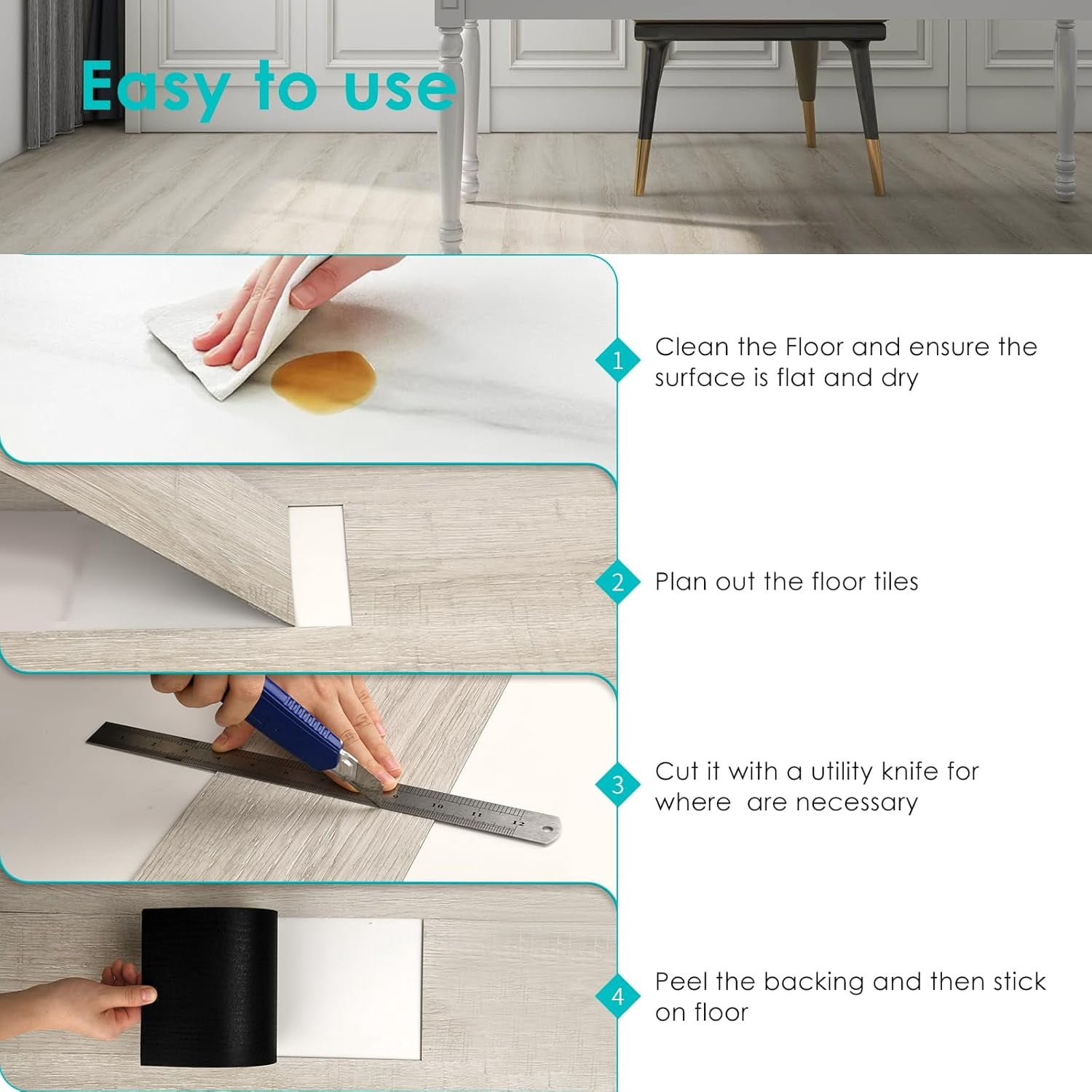 Peel and Stick Floor Tile, 54 Sq.Ft Self Adhesive Vinyl Flooring Plank, 36 Pieces Waterproof Heavy Duty Wood Grain Tiles, 36"x6" DIY Planks for Bedroom Kitchen Apartment Bathroom White