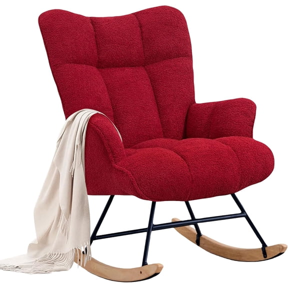 Upholstered Glider Rocking Chair with High Backrest and Padded Seat, Burgundy