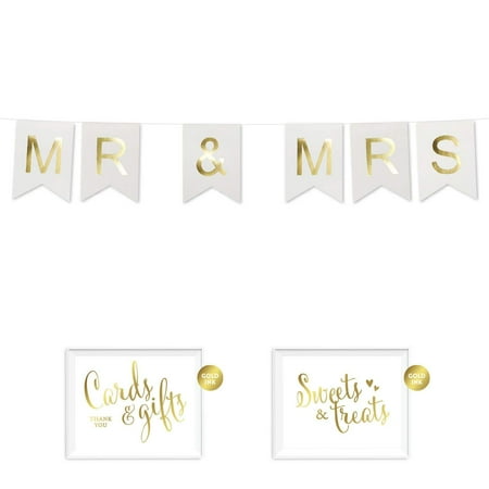 Mr And Mrs Silver Banner Andaz Press Shiny Gold Foil Paper Pennant Hanging Banner with Gold Party Signs, Mr. & Mrs. White, 1-Set ()