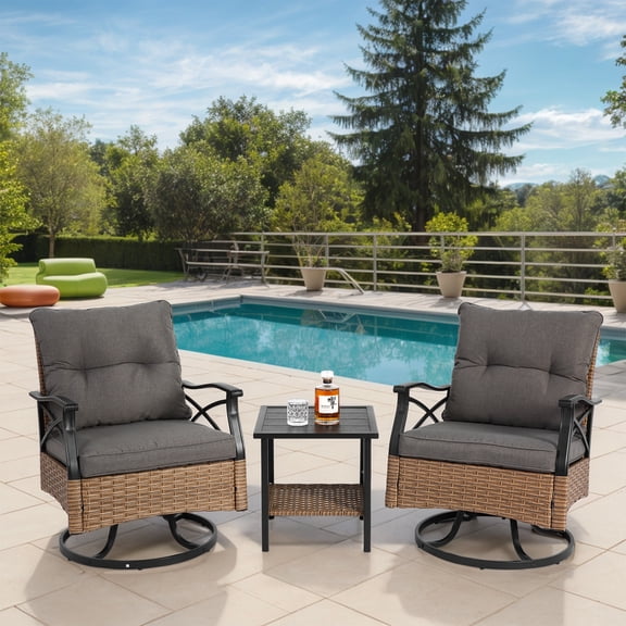 3-Piece Outdoor Swivel Rocker Chair Set with Coffee Table, Includes 2 Wicker Rocking Swivel Chairs, Perfect For Patio Conversation And Relaxation In Sunrooms