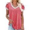 Fashion Womens Sexy Summer Tops Dressy V Neck Petal Sleeve Tshirts Lace Trim Tee Casual Loose Fit Tunics Blouses