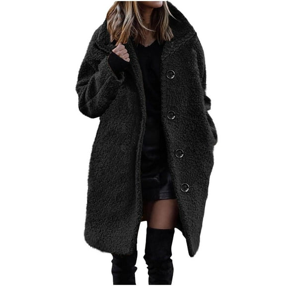Women's Parka Winter Coat with Hood Ndbuld Women's Fashion Winter Solid Color Top Button Pockets Thirt Plush Long Sleeve Coat on Clearance Black XL