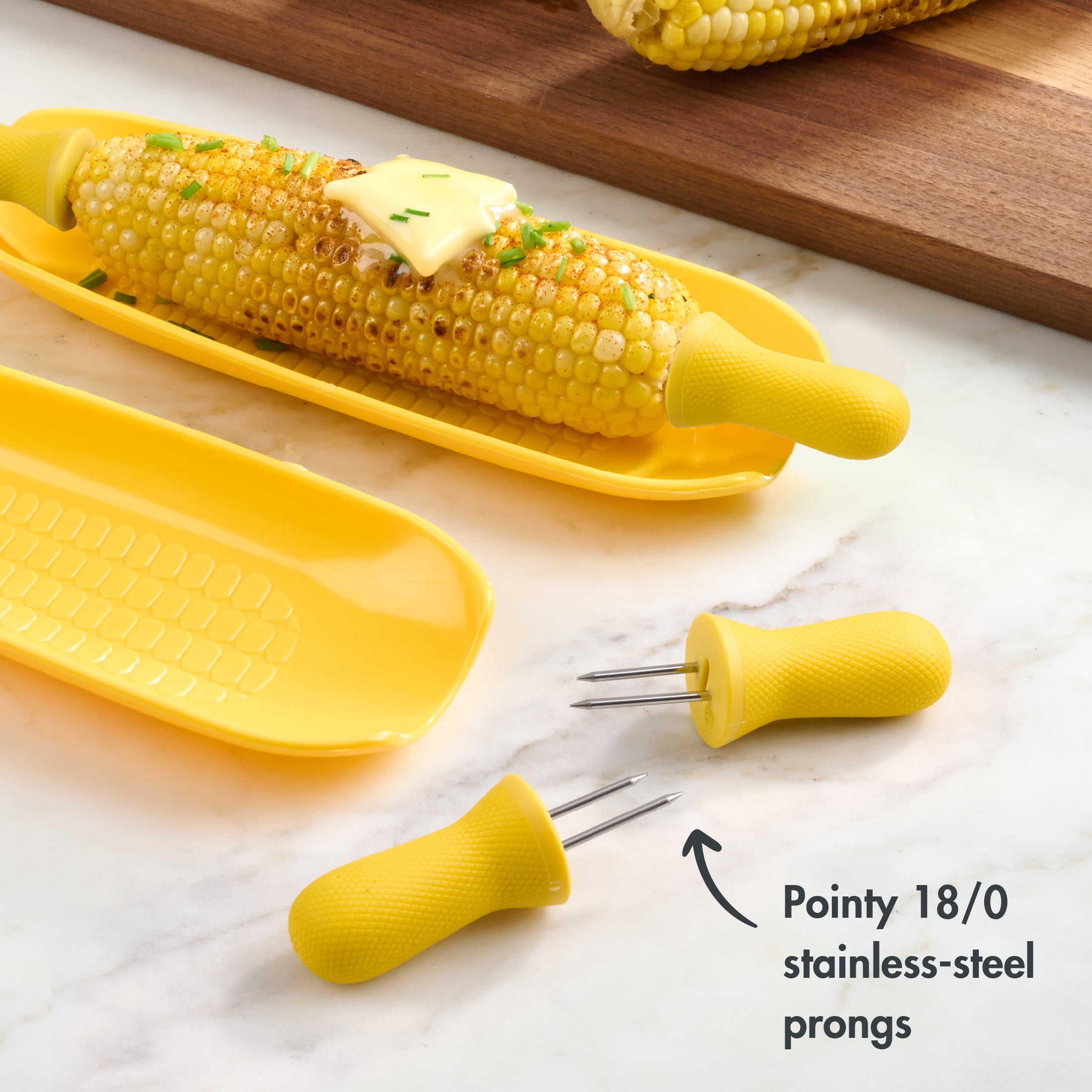 Mainstays 8-Piece Stainless Steel Interlocking Corn Skewer Set, Vibrant Yellow Handles