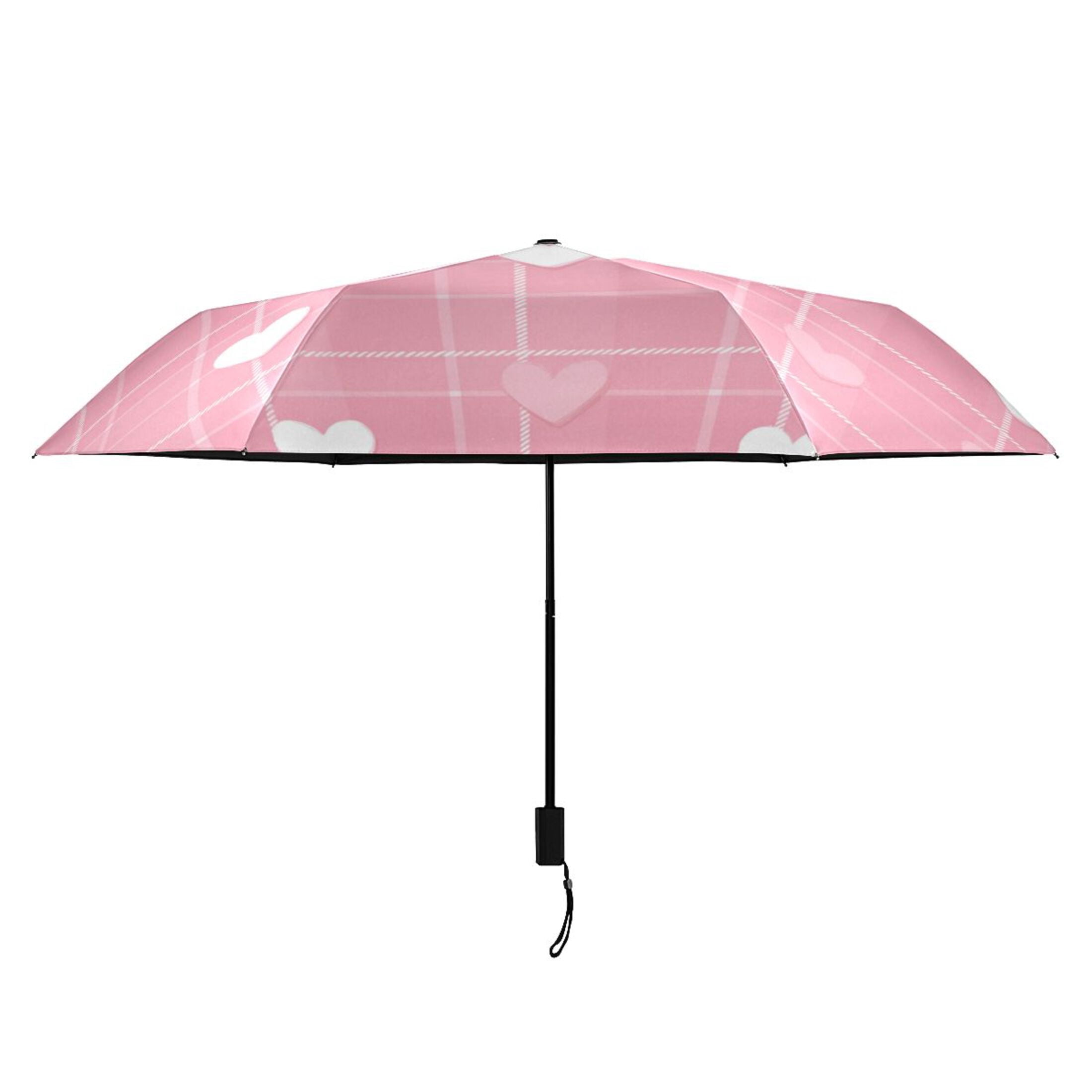 Pink Plaids Cute Hearts Valentine All Weather Umbrella Triple Folding Parasol 6 Ribs UV Protection Portable