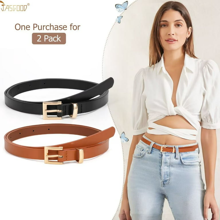 2 Pack JASGOOD Skinny Leather Belts for Women Thin Belt for