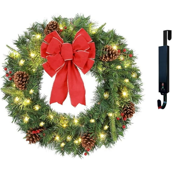 Solar Christmas Wreath 24 Inch Pre-Lit Solar 50 Led Artificial Wreath Outdoor Front Door Window Christmas Decorations with Frosted Branches Pine Cones Red Velvet Bows Balls (2809)