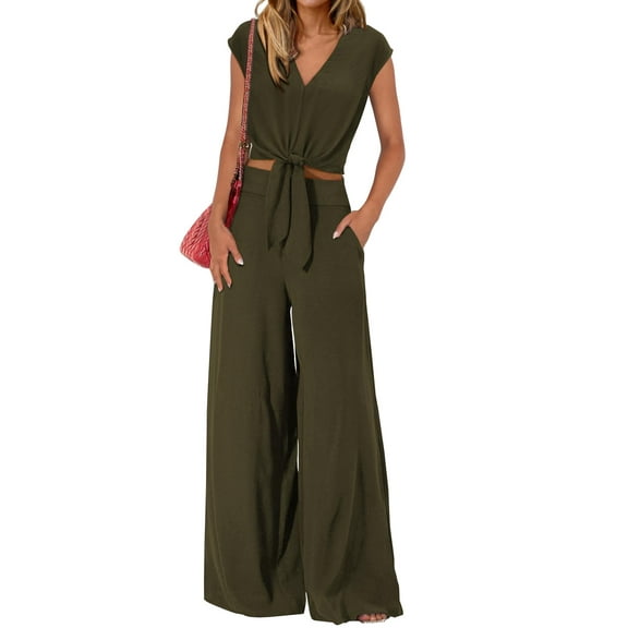 Women's Summer 2 Piece Outfits 2025 Cap Sleeve V Neck Belted Crop Tops Wide Leg Pant Sets Casual Tracksuit(Solid Black,X-Large)